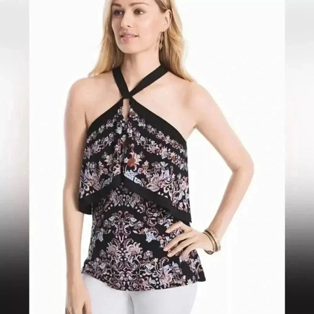 White House/ Black Market - Black Floral Halter Top with Tie Back
